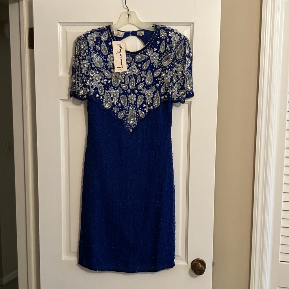 NWT women’s VINTAGE Small Lawrence Kazar beaded dress blue - Picture 2 of 11